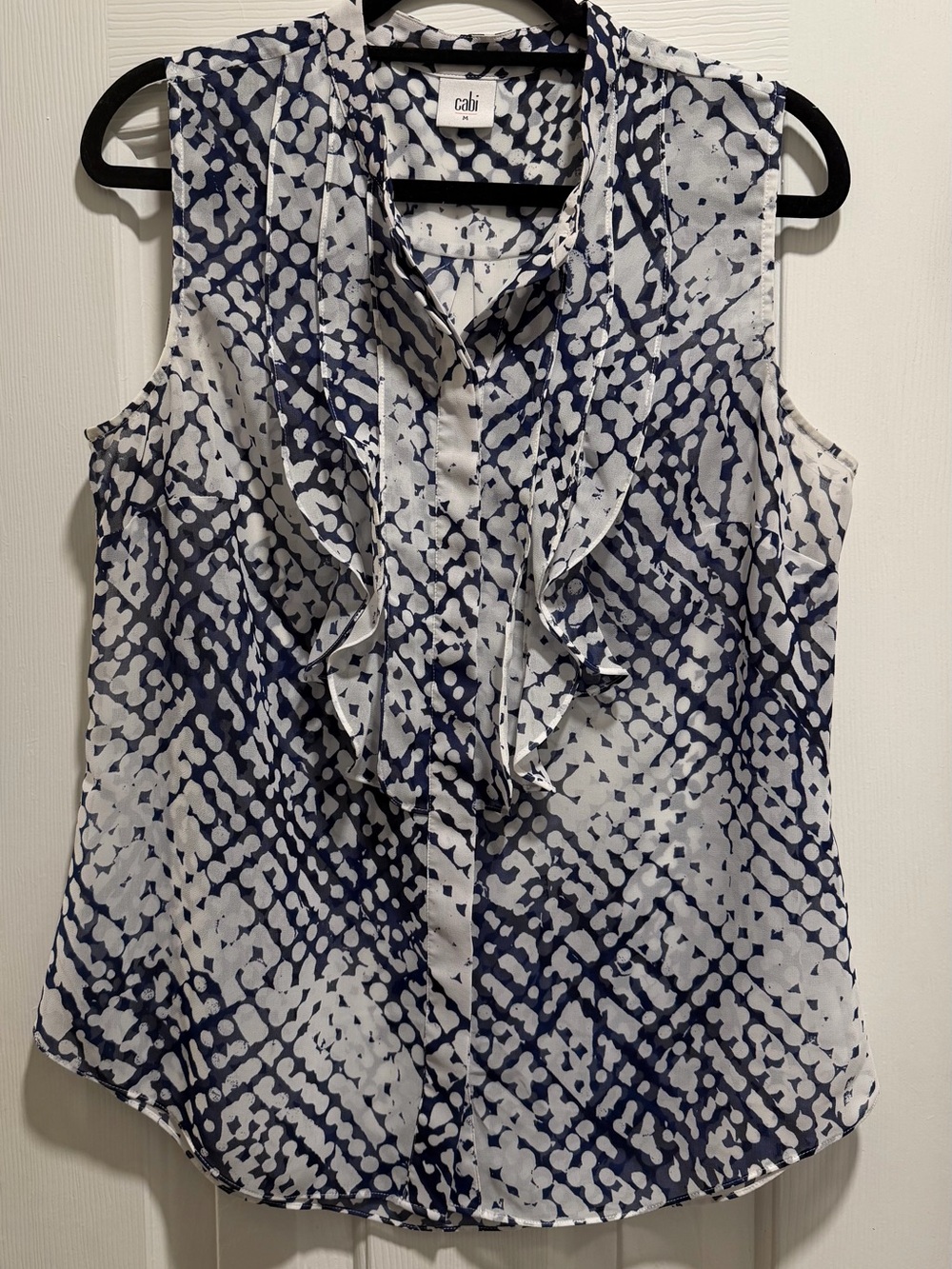 CAbi Navy and White Ruffle Sleeveless Blouse